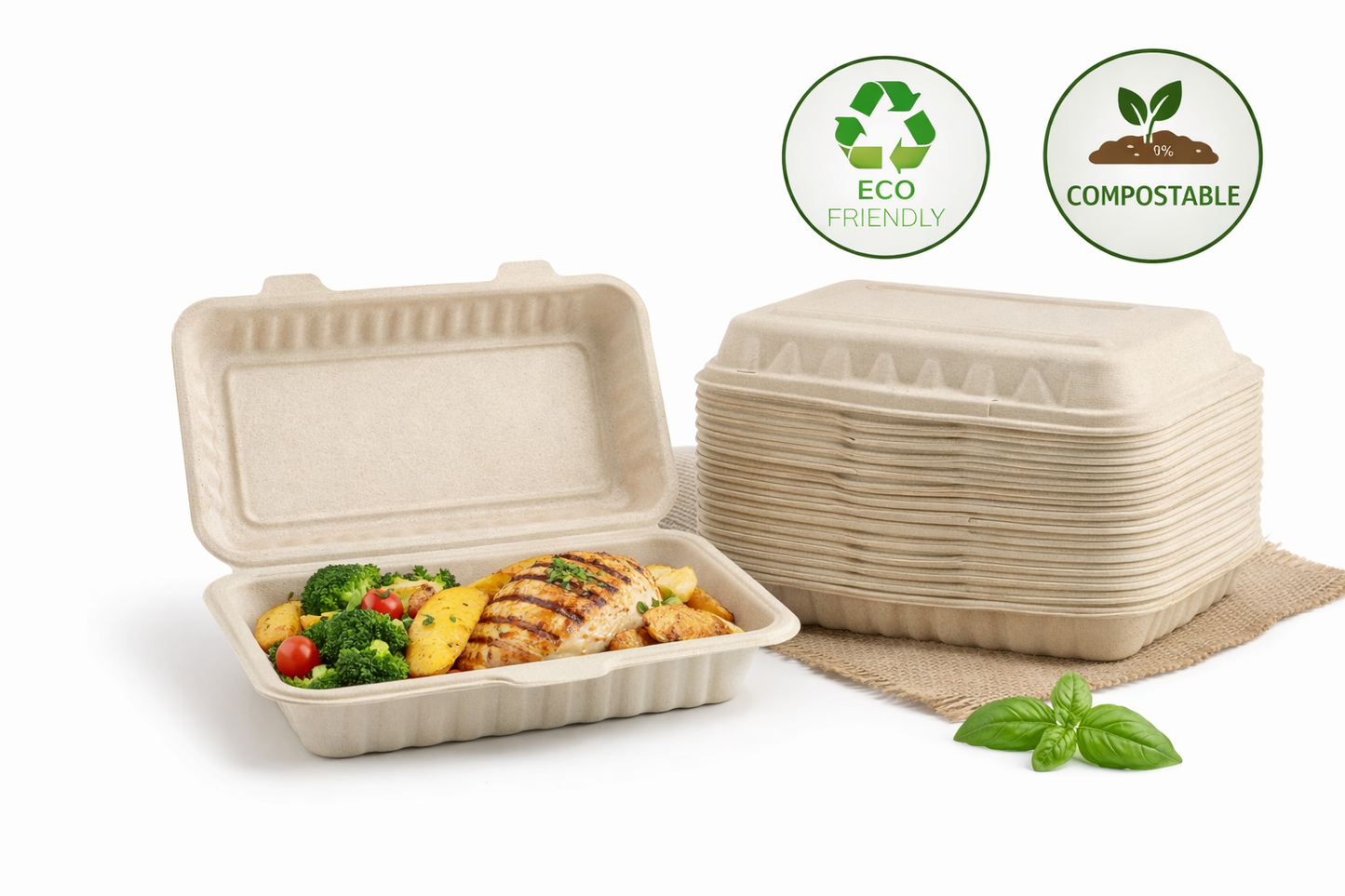 9x6 Bagasse Clamshell Containers – Compostable Takeaway Boxes (Bulk Packs Available)