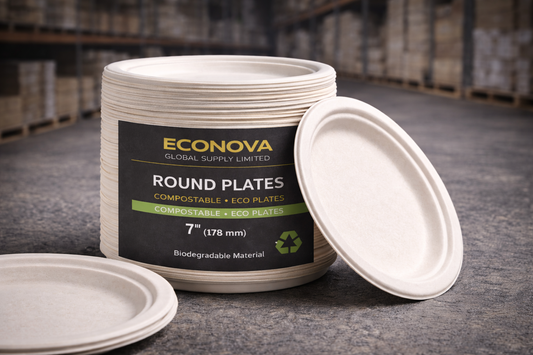 7” Bagasse Round Plates – Compostable Eco Plates (1000 Pack)