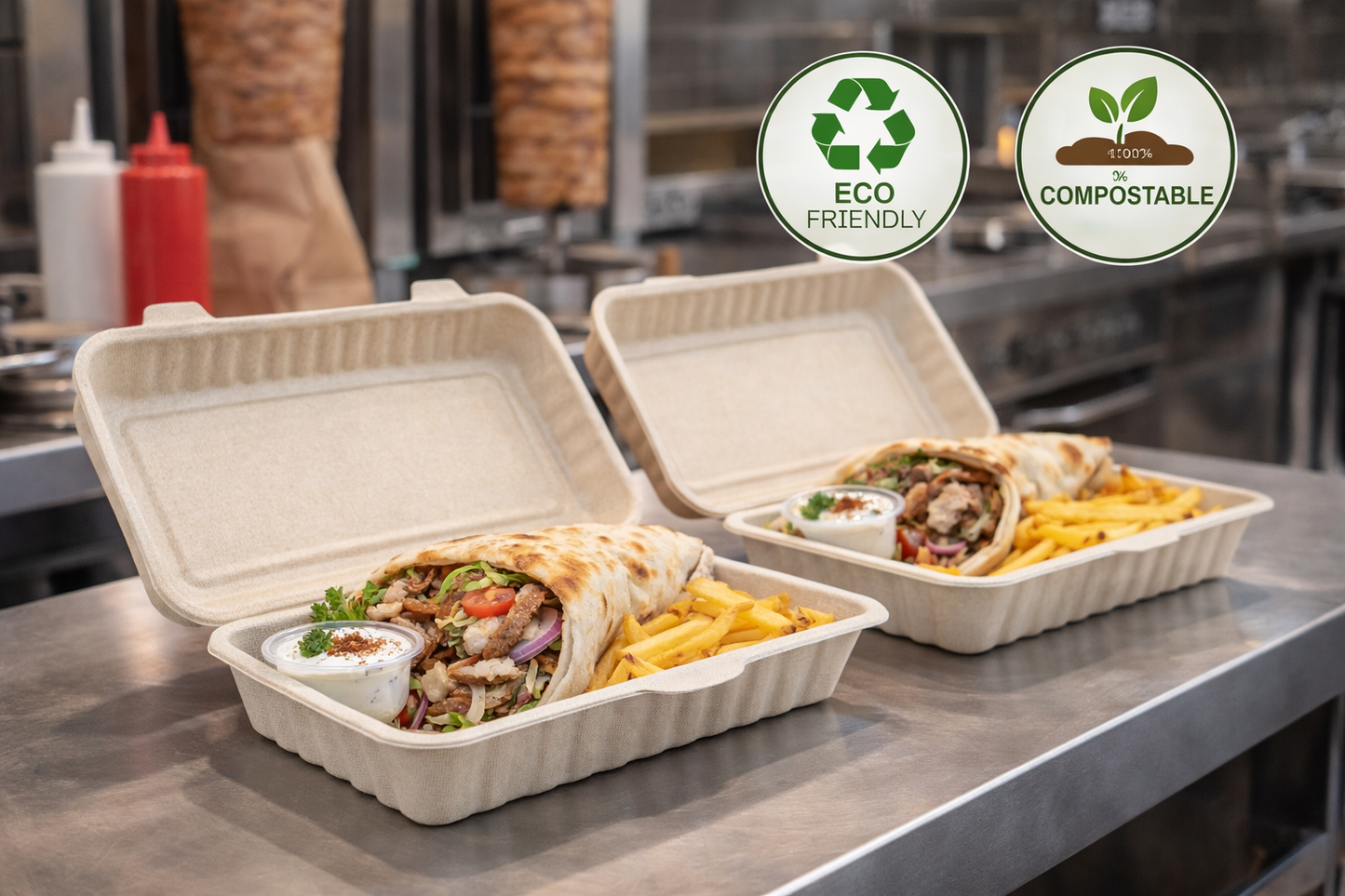 9x6 Bagasse Clamshell Containers – Compostable Takeaway Boxes (Bulk Packs Available)