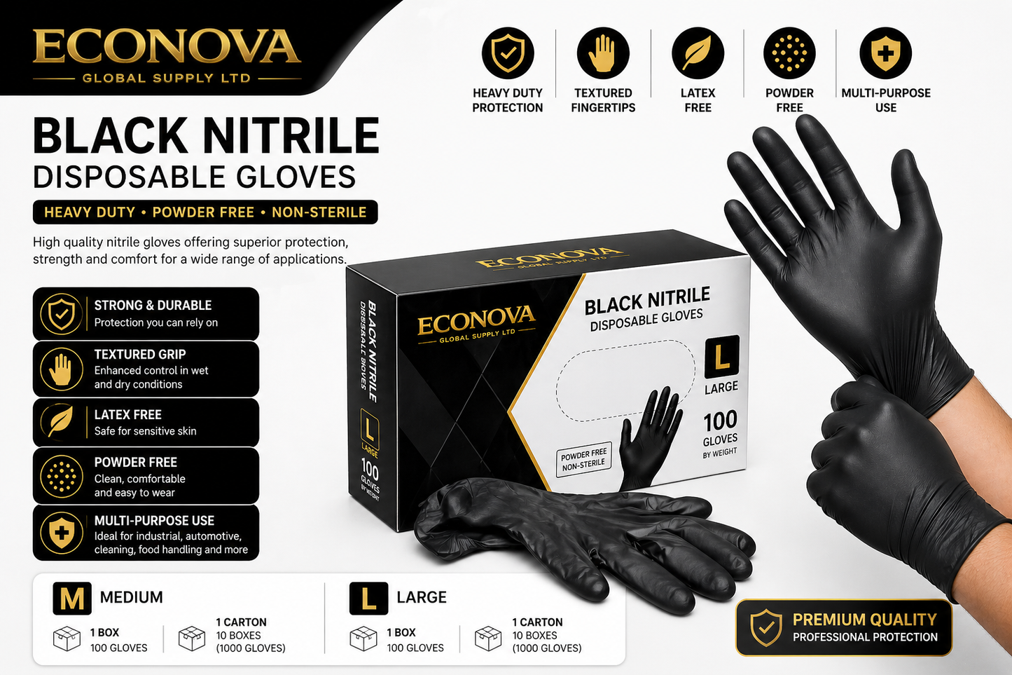 Black Nitrile Disposable Gloves – Heavy Duty, Powder-Free