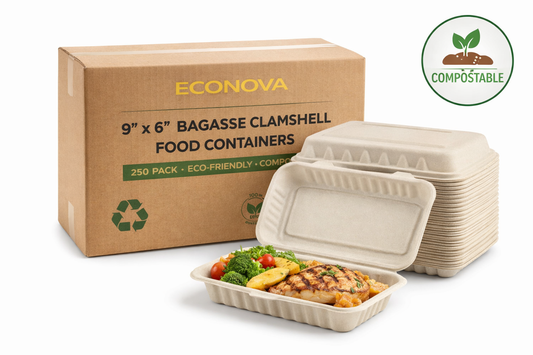 9x6 Bagasse Clamshell Containers – Compostable Takeaway Boxes (Bulk Packs Available)
