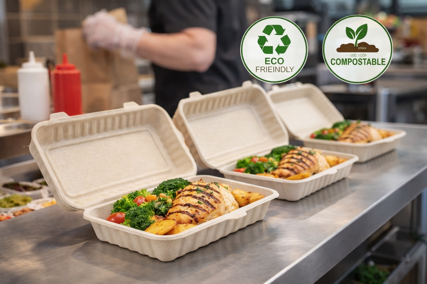 9x6 Bagasse Clamshell Containers – Compostable Takeaway Boxes (Bulk Packs Available)